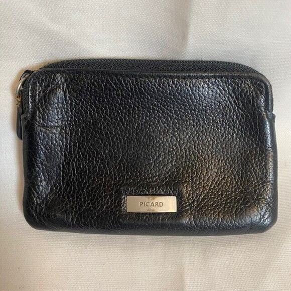 PICARD Germany Black Pebbled Leather Wallet Change Purse Card Holder Zipper - Picture 1 of 6
